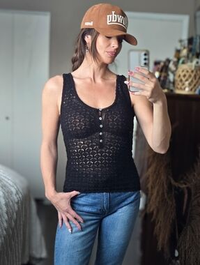ZARA Black Crochet Lace Tank Top Button Front Sheer Knit Boho Y2K Size S